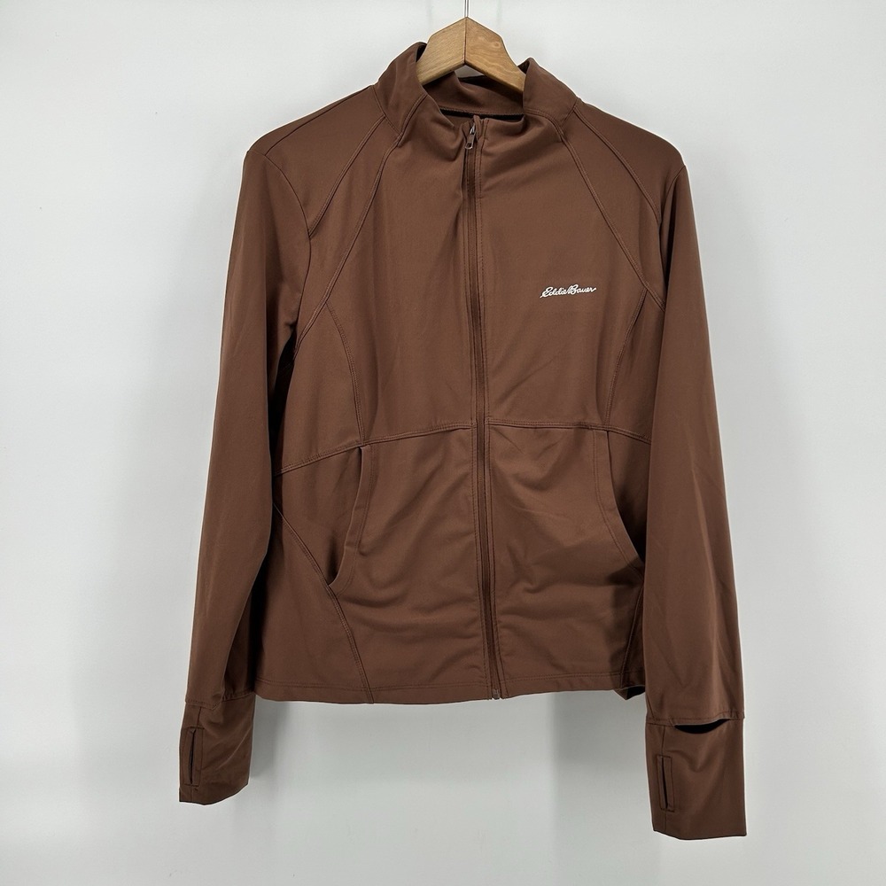 Eddie Bauer Athletic Jacket Womens XL Brown Full Zip Thumb Holes Stretch Running
